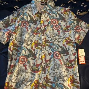 Marvel Men's Heroic Print Button Down Shirt - Blue, Red, Yellow